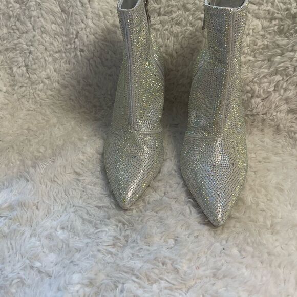 Moda Tope synthetic Silver Rhinestones Ankle Boots pointed toe side zipper SZ9.5 - Picture 6 of 16